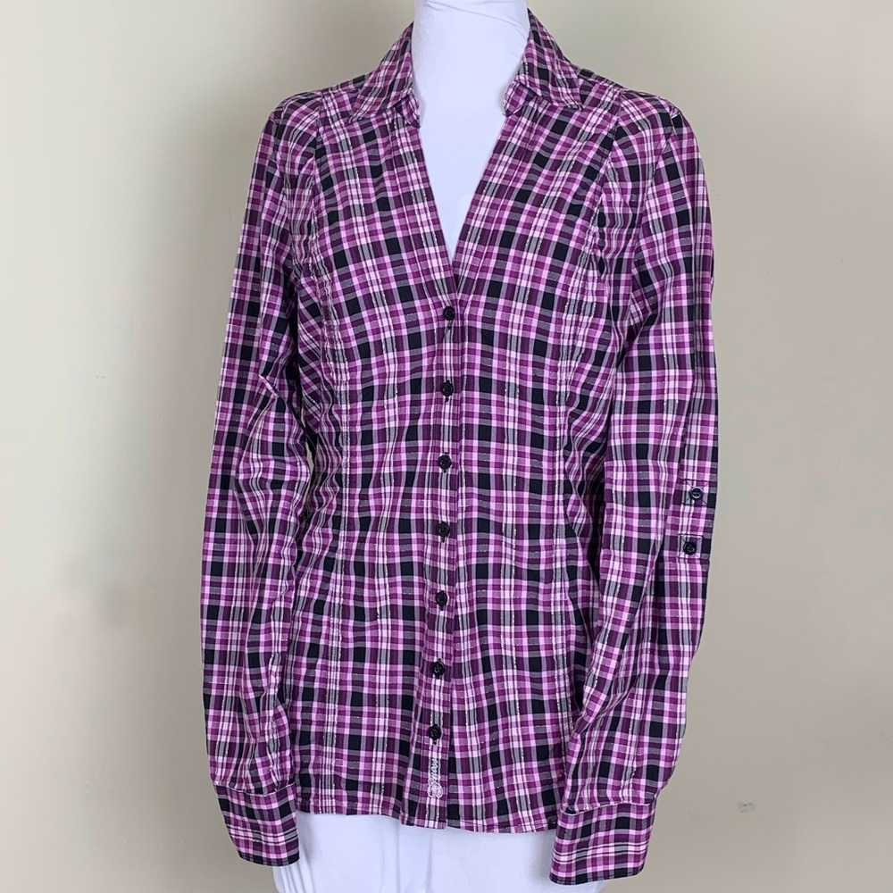 GUESS Purple Silver Tartan Plaid Shirt Large